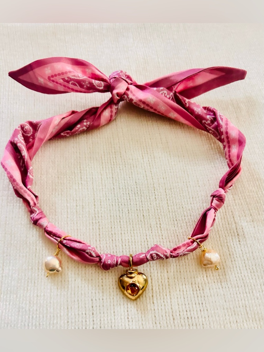 Pink Bandana Necklace with Gold Heart Charm and Pearl Drops